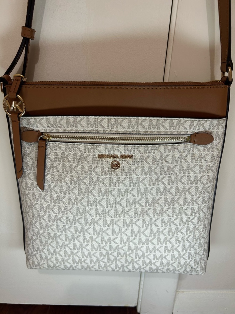 Michael Kors White & Brown MK Logo Crossbody Bag